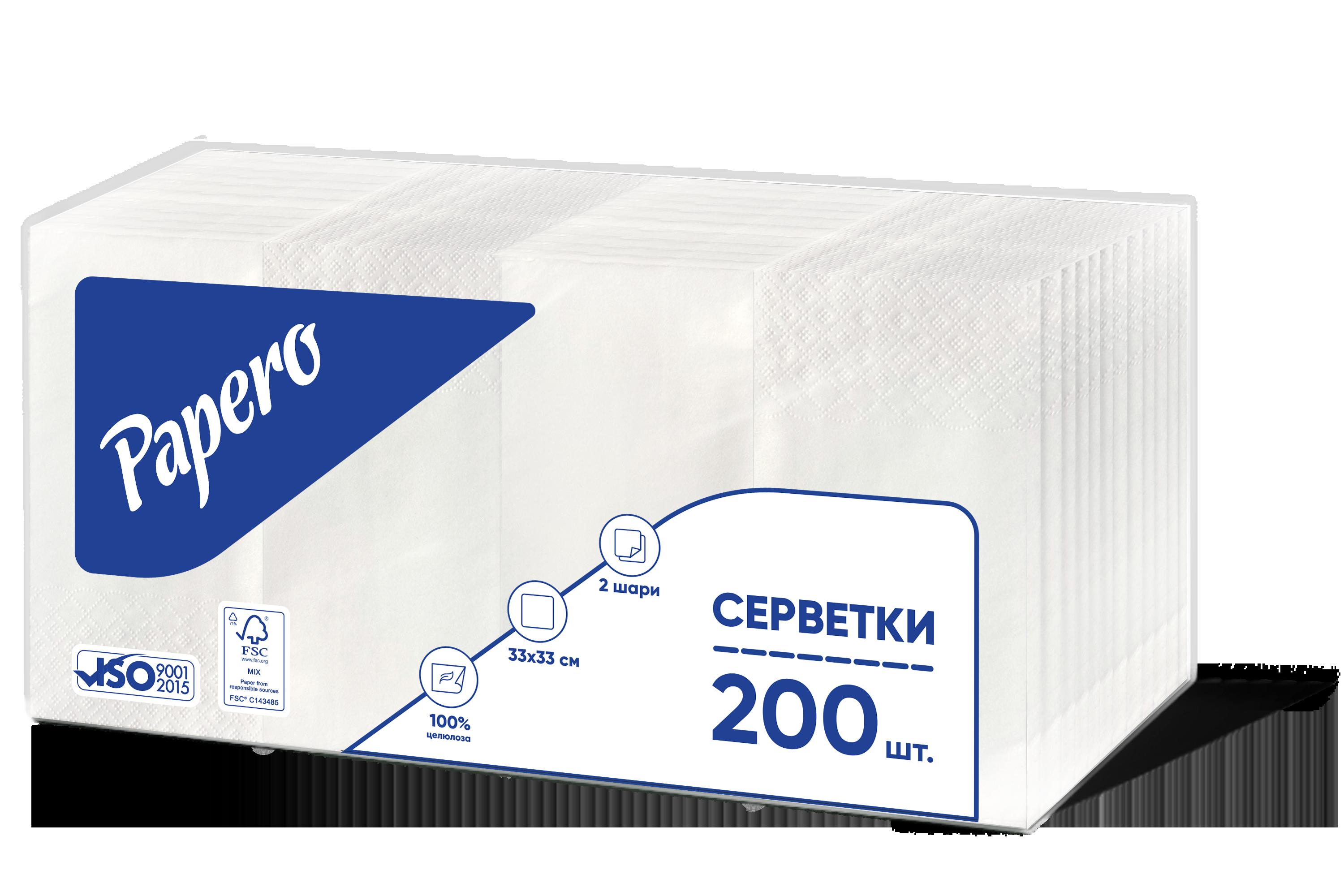 Серветки паперові "Papero" 1/8 2 ш. 330х330 мм 200 арк. білі